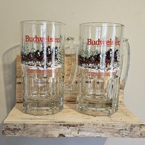 Budweiser VTG 1989 Clydesdale Beer Mug Holiday Stein Winter Glass Collectible